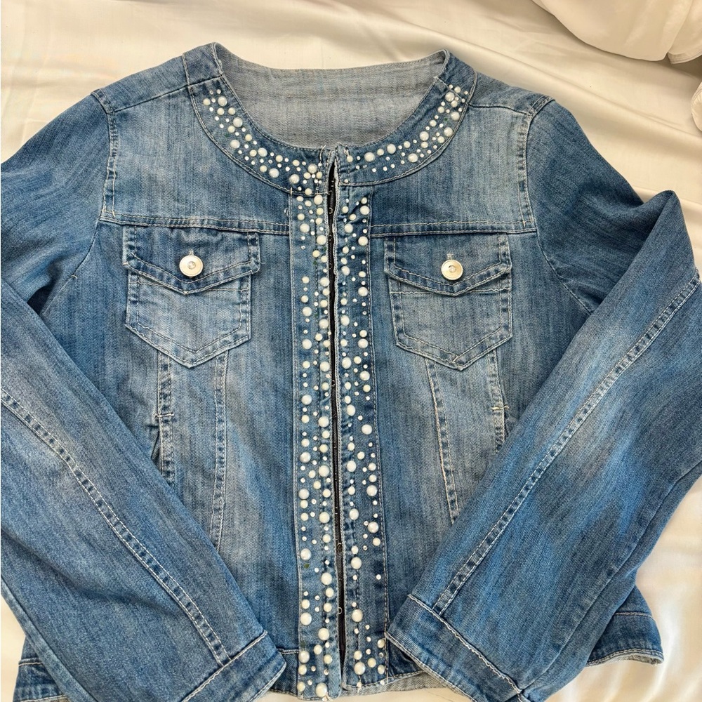 Denim Pearl-Embellished Jacket